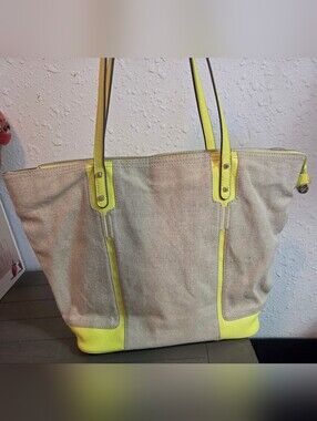 Stella & Dot Beige Canvas Tote with Yellow Trim